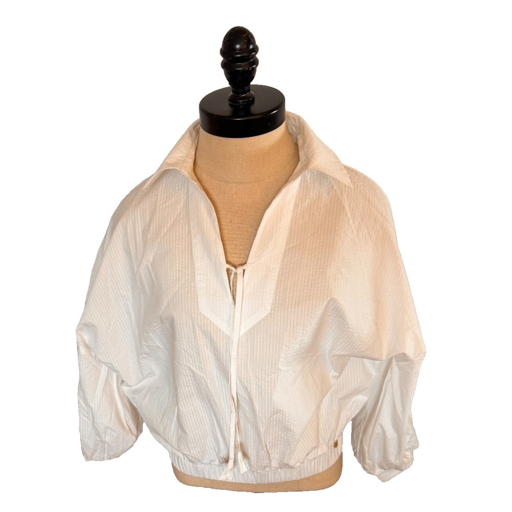 NWT Lion Of Porches White Cotton Seersucker Collared Long Sleeve S Cropped VNeck